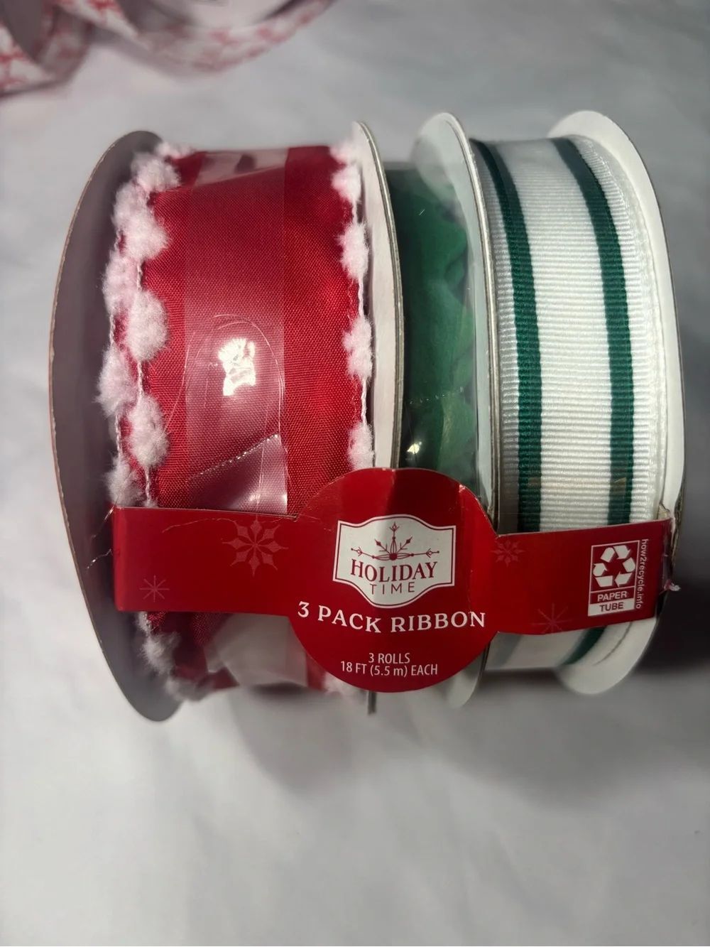 New Holiday Time Red & Green 3-Pack Holiday Ribbon Set Christmas